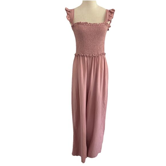 Love Tree Pants - Love Tree Jumpsuit Womens Large Pink Linen Blend Smocked Bodice Boho Cottagecore